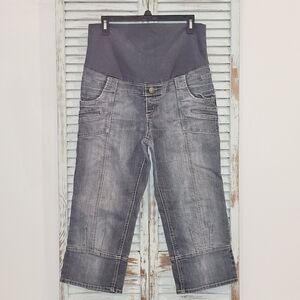 THYME JEANS MATERNITY CAPRI PANT Womens Size L Dark Wash Denim Comfort Stretch